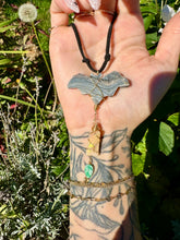 Load image into Gallery viewer, *one of one* chalcedony bat with raw opal &amp; jade leaf cascading below • mirror / window accessory
