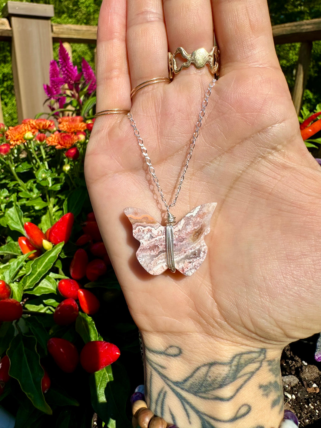 ♡*one of one*♡ pink crazy lace agate butterfly silver necklace