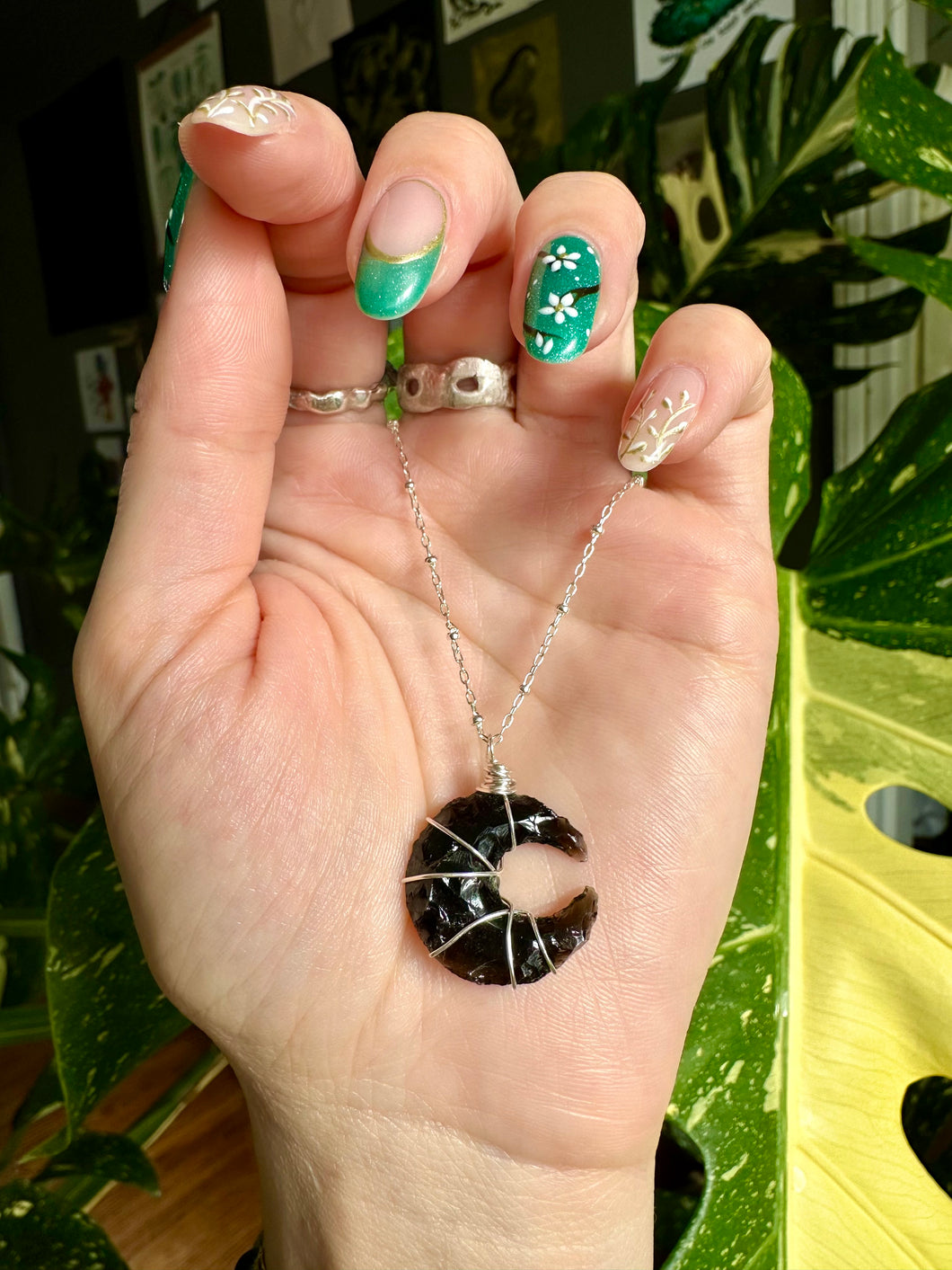 obsidian moon necklace - sterling silver