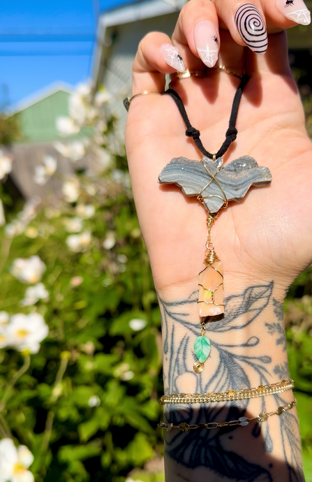*one of one* chalcedony bat with raw opal & jade leaf cascading below • mirror / window accessory