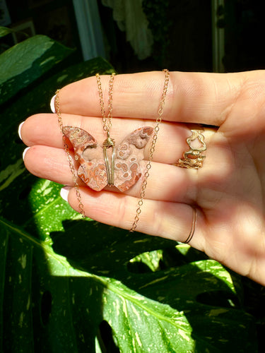 ♡*one of one*♡ crazy lace agate butterfly 14k gold necklace