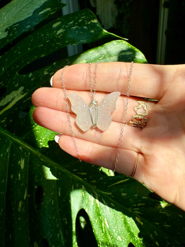 ♡*one of one*♡ quartz druzy butterfly sterling silver necklace