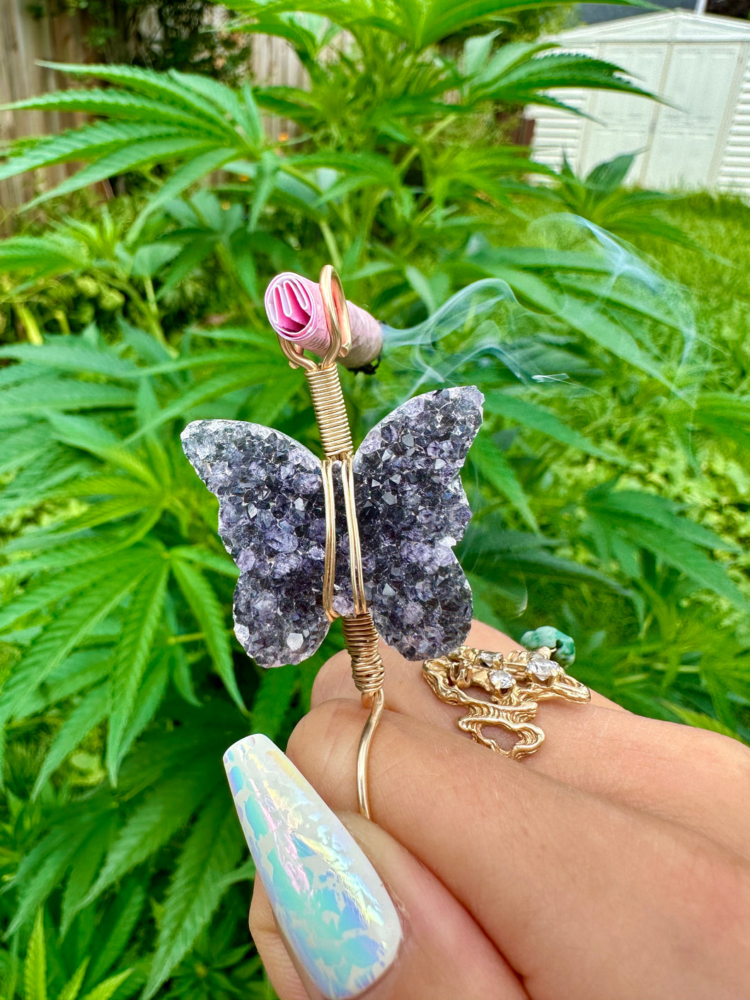 ♡*one of one*♡ 14k gold amethyst druzy butterfly smoke ring