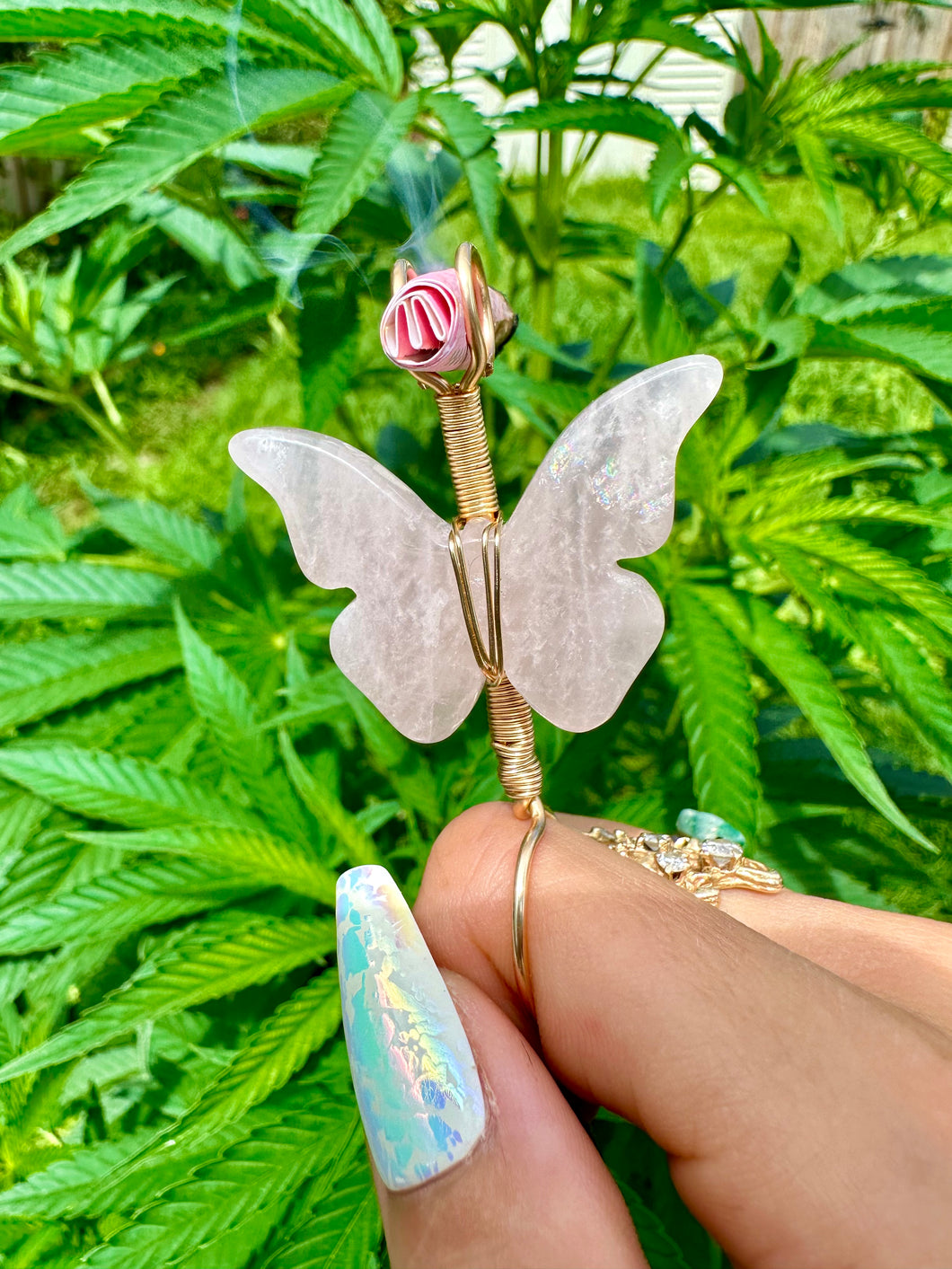 ♡*one of one*♡ 14k gold rose quartz butterfly smoke ring •