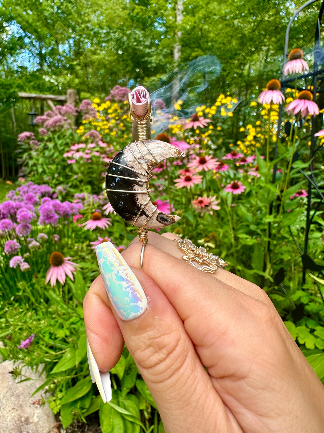 ♡*one of one*♡ 14k gold petrified palm moon smoke ring