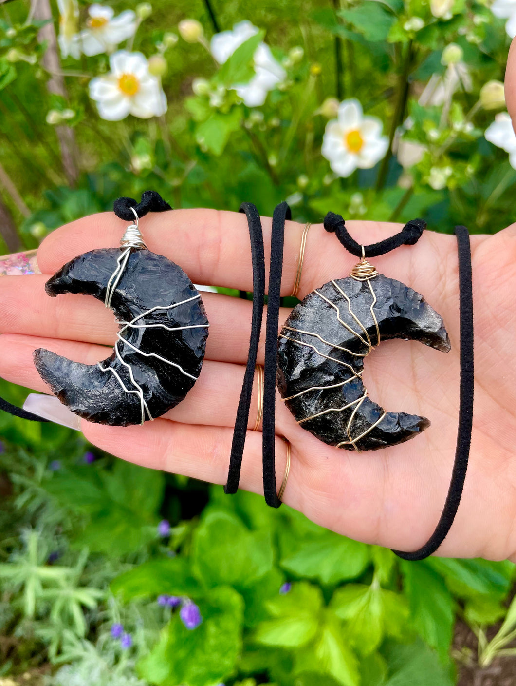 grand obsidian moon necklace on vegan suede