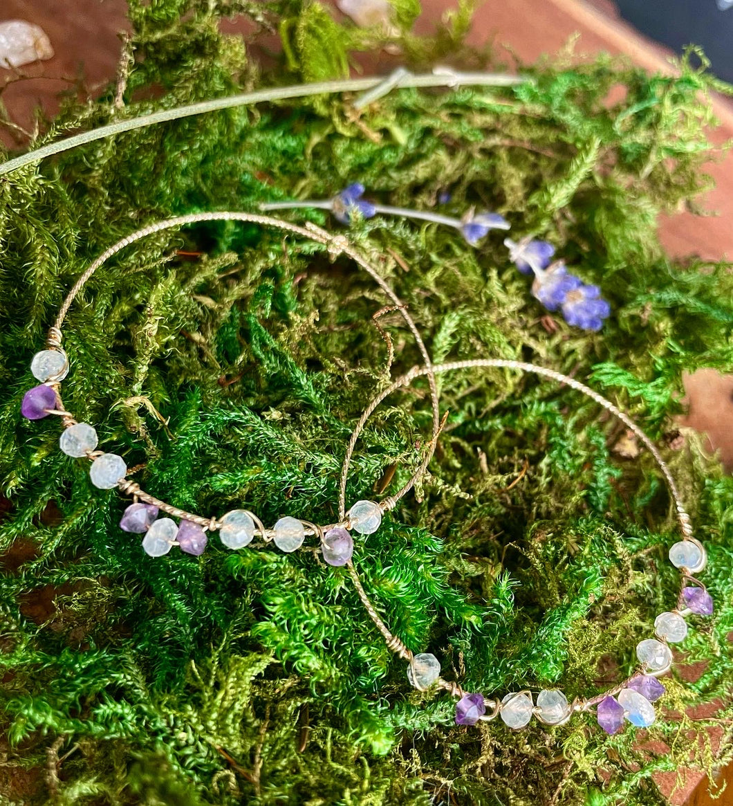 moonstone & amethyst dainty gold hoops